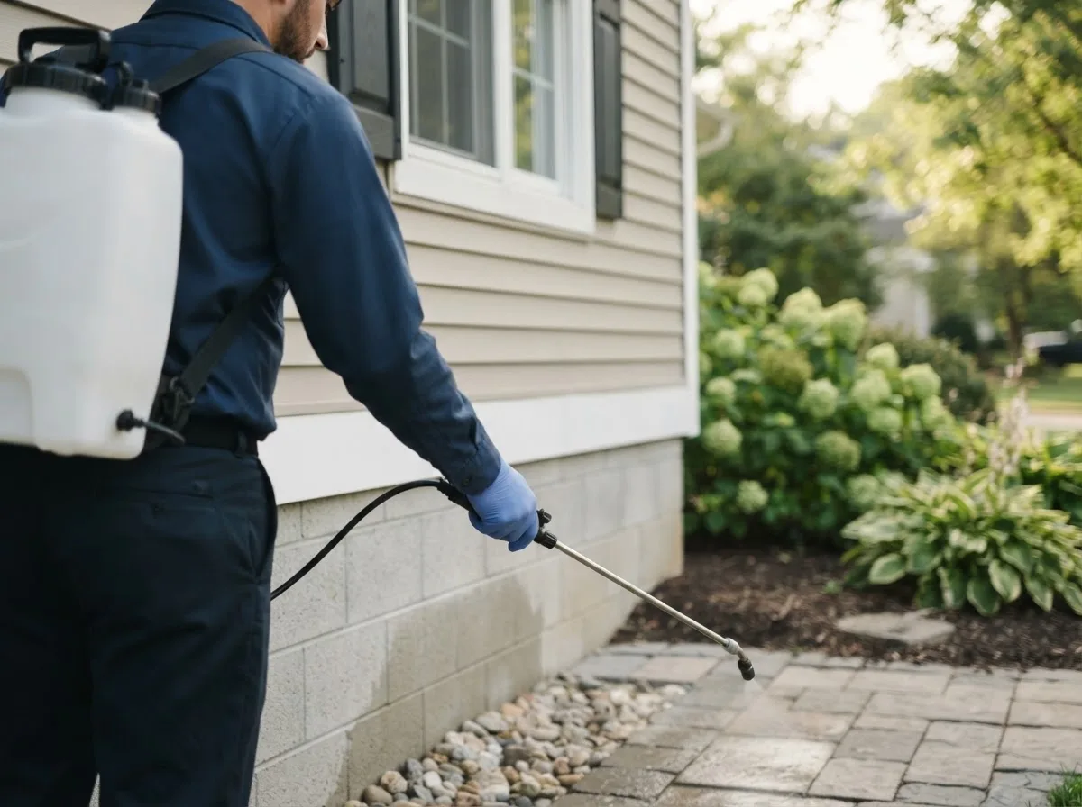 Pest control technician inspecting a home in Seville, FL